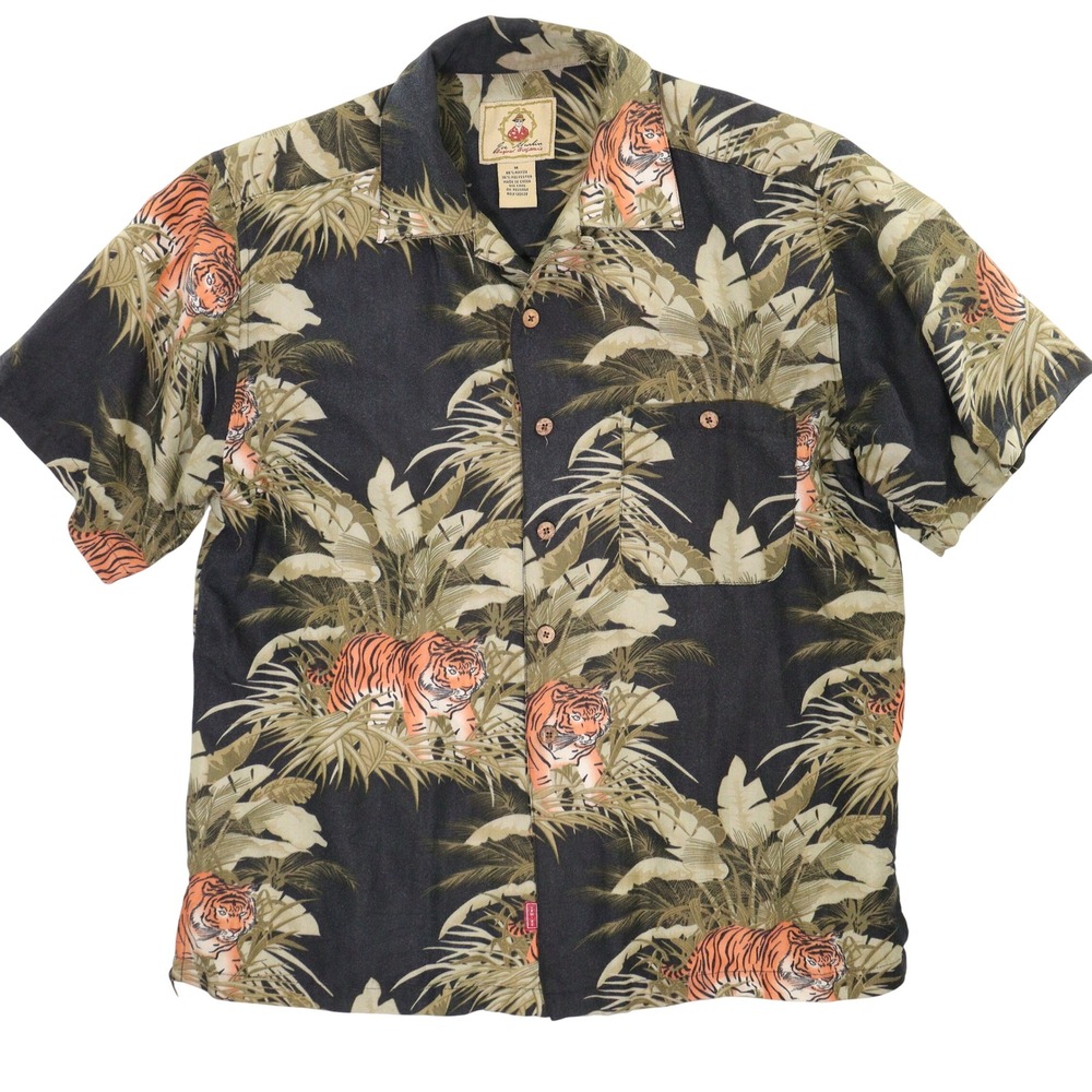 Joe Marlin Button Up Camp Shirt Tiger AOP Jungle Print Black Rayon‎ Men M